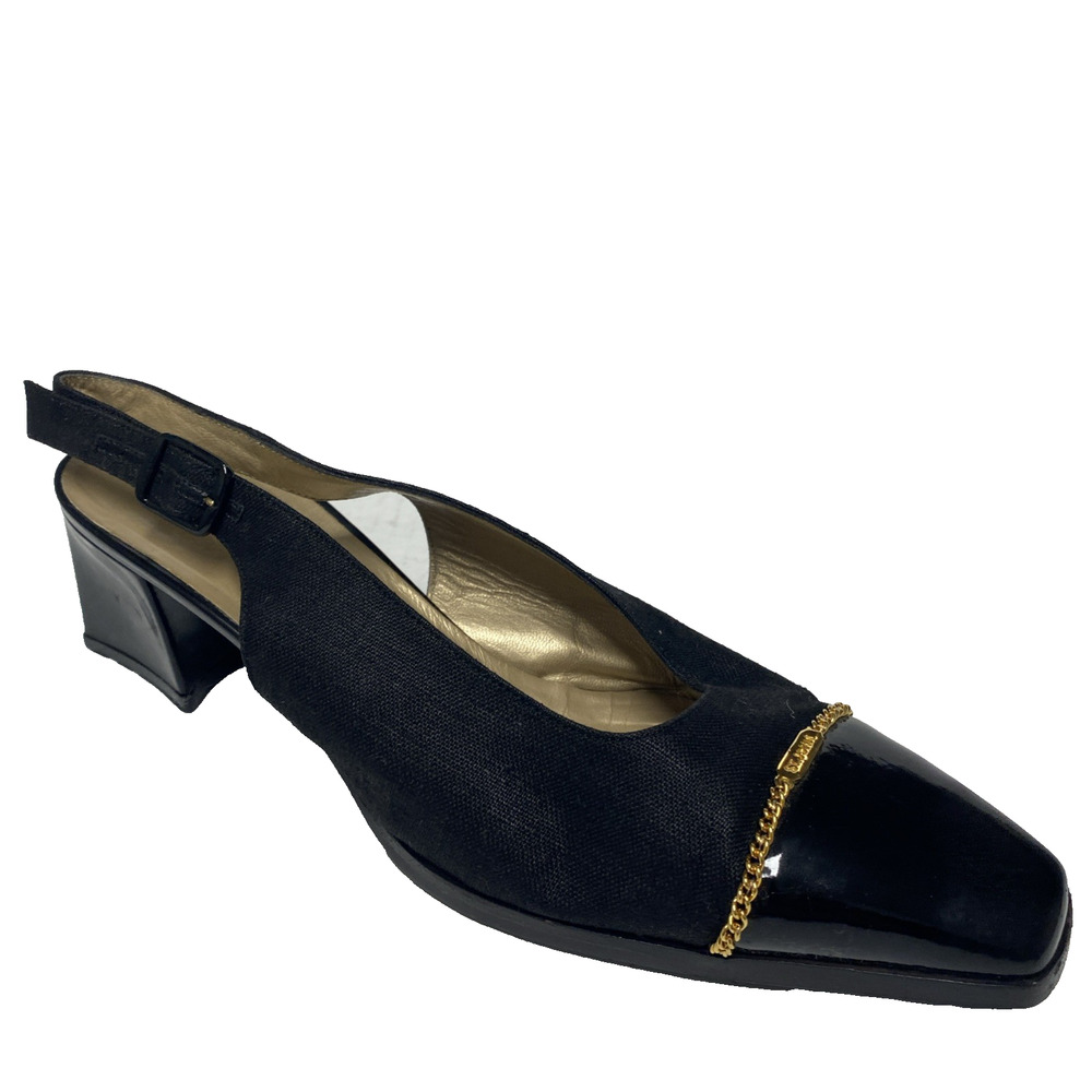 St John Pump Black Linen Canvas Slingback Square Toe Patent Cap Block Heel 8 VTG